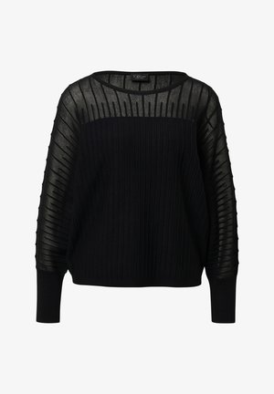 Czarny sweter z prążkowanym korpusem i przezroczystymi, fakturowanymi rękawami z pionowymi liniami. Okrągły dekolt i długie rękawy. Miękka tkanina.
