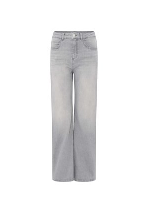 Jeans a gamba larga grigio chiaro in denim, con vita alta, due tasche frontali e chiusura con bottone. Texture liscia con una finitura sbiadita.