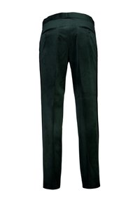 Dark green suede pants featuring a straight leg cut, two back pockets with buttons, and smooth texture. Tailored waistband for a fitted look.