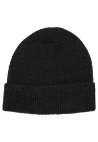 Black knitted beanie hat featuring a ribbed texture and a folded cuff design, made from a soft, warm wool blend material.