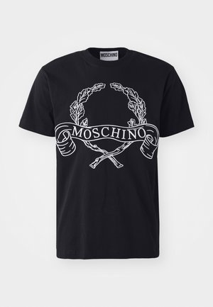 T-shirt de algodão preta com uma coroa de louros em branco impressa e o nome da marca "MOSCHINO" numa faixa; design clássico de gola redonda.