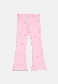 Pink flared leggings made of soft fabric, featuring an all-over pattern of small hearts, stars, and circles in various pastel colors.