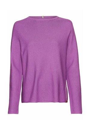 Levendig paarse sweater met een losse pasvorm, ronde halslijn en lange mouwen. Heeft ribbels aan de zomen en een subtiele zijsplitdetail.