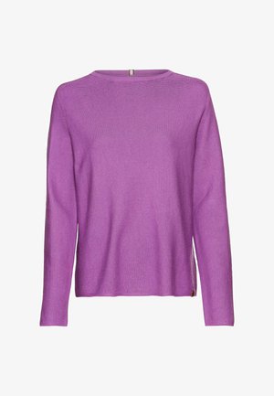 Levendig paarse sweater met een losse pasvorm, ronde halslijn en lange mouwen. Heeft ribbels aan de zomen en een subtiele zijsplitdetail.