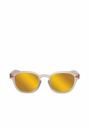 Occhiali da sole con montatura beige traslucida, lenti rotonde, tinta riflettente arancione e piccoli dettagli arancioni sulle aste laterali.