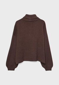 Brauner übergroßer Pullover mit hohem Kragen, geripptem Halsrand und weiten Ärmeln. Glatte Textur, lässige Passform und cropped Design.