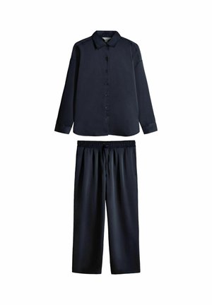 Tume merevaheline pikkade käistega nööpidega särk koos krae ja sobivate elastsete vöökohaga laia säärega pükstega, millel on nöör.