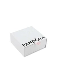 White jewelry box with a sliding drawer, featuring black "PANDORA" text and a pink pull tab. Smooth texture, minimalist design.