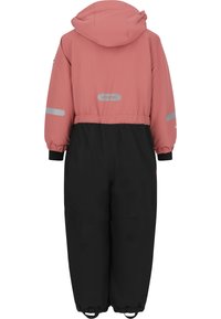 Combinaison de neige pour enfants en rose et noir, imperméable, avec capuche, poignets élastiques et accents réfléchissants ; texture lisse, coupe ample.