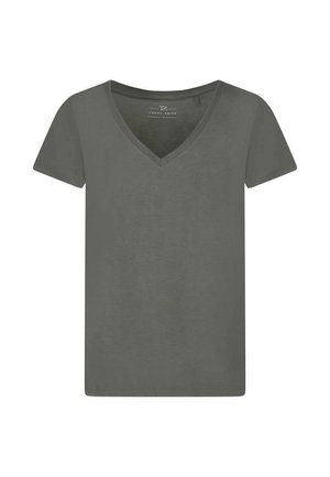 T-shirt gris foncé uni à manches courtes avec col en V, coupe slim et détails de couture minimalistes.