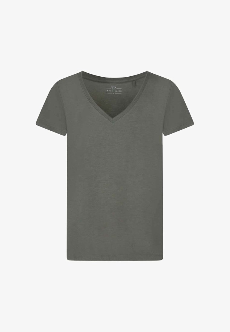 T-shirt gris foncé uni à manches courtes avec col en V, coupe slim et détails de couture minimalistes.