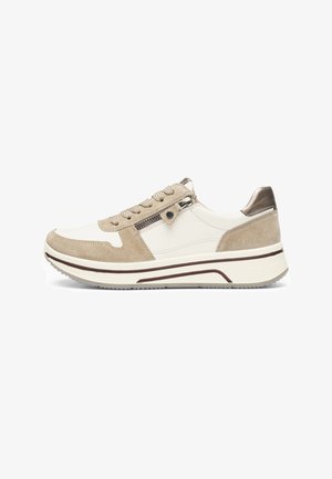 Beige and white low-top sneaker with suede accents, lace-up front, side zipper, and cushioned sole with brown stripe detail.