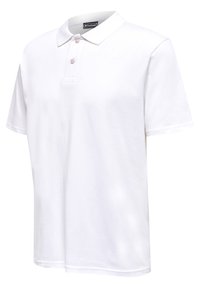 White polo shirt made of cotton with a classic collar, three buttons, short sleeves, and a straight hem. Features a soft, smooth texture.
