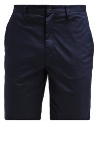 Shorts ajustés bleu marine avec fermeture à boutons, passants pour ceinture et poches avant.