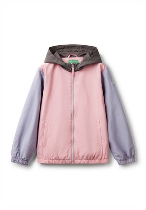 Lekka kurtka na zamek w kolorach różowym i lawendowym, z szarym kapturem, elastycznymi mankietami i bocznymi kieszeniami. Gładki, wodoodporny materiał.