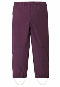 Pantalones impermeables morados con cintura elástica y puños. Presentan dos bolsillos superiores y detalles en blanco cerca del dobladillo.