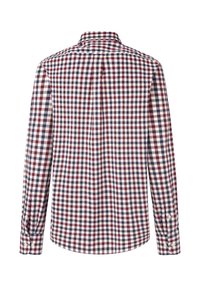 Camicia a maniche lunghe con bottoni in plaid rosso, blu navy e crema. Presenta un collo classico e polsini con bottoni regolabili. Materiale in cotone.