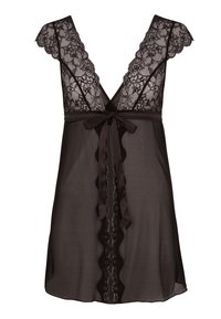 Camisón negro con un bodice de encaje, escote en V, mangas cortas y un lazo de satén en la cintura. Tejido transparente con bordes en forma de onda.