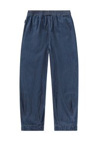 Dżinsowe spodnie z elastycznym pasem w ciemnoniebieskim kolorze, charakteryzujące się luźnym krojem, skróconą długością i mankietami, co nadaje im swobodny wygląd.
