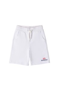 Pantalones cortos deportivos blancos con cinturilla elástica y cordón. Cuenta con dos bolsillos laterales y un logo rojo y azul en la pierna izquierda.