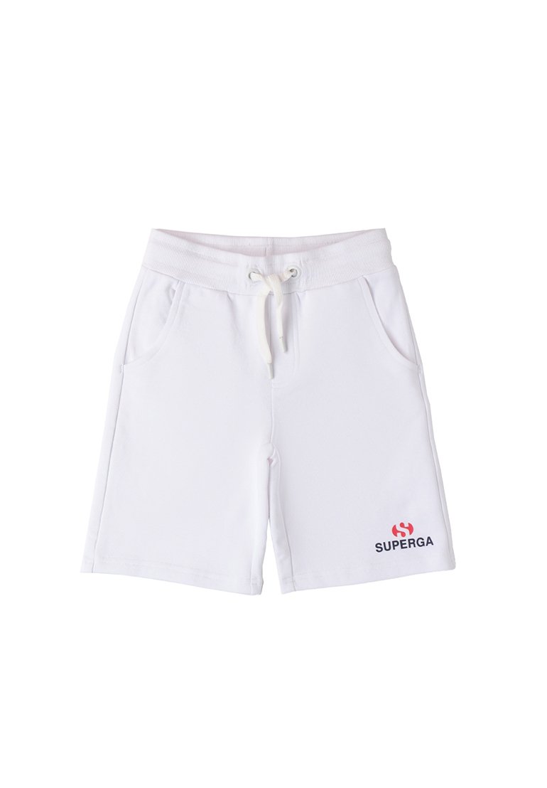 Pantalones cortos deportivos blancos con cinturilla elástica y cordón. Cuenta con dos bolsillos laterales y un logo rojo y azul en la pierna izquierda.
