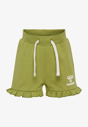 Grønne bomuldsshorts med flæsekant, hvid snor og logo-detalje. Har en afslappet pasform og blød tekstur.