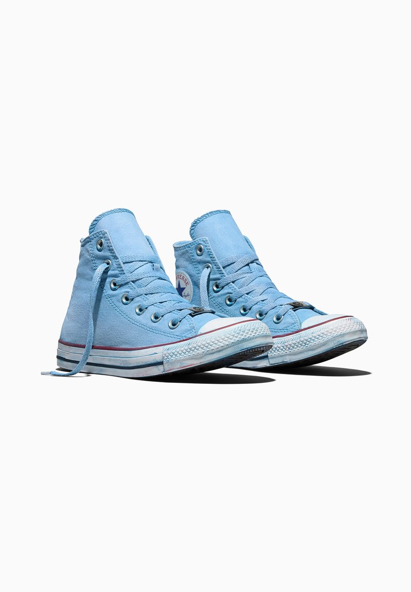 Pair of light blue high-top canvas sneakers with white rubber soles and laces on white background, slightly angled to the right.