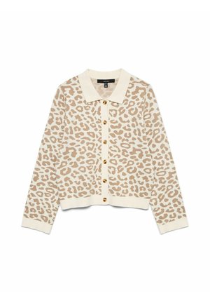 Cardigan à manches longues beige et crème avec imprimé léopard, col et sept boutons à l'avant, posé à plat sur un fond blanc.