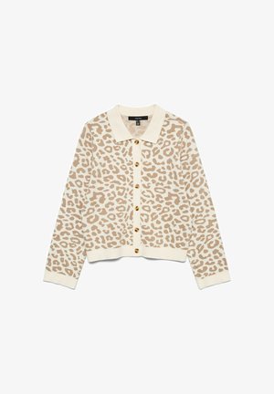 Langærmet beige og cremefarvet cardigan med leopardprint, krave og syv knapper foran, lagt fladt på en hvid baggrund.