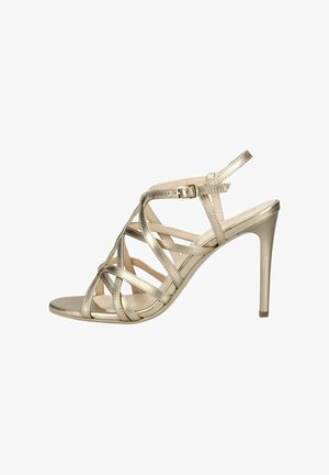 Goldfarbene, metallische Riemchensandale mit hohem Absatz, offenem Zehenbereich, Fesselriemen, Schnallenverschluss und Stöckelabsatz.