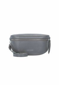 Borsa a tracolla grigia in pelle con chiusura a zip, forma arrotondata, tracolla regolabile e delicata grafica testuale sul fronte. Superficie testurizzata.