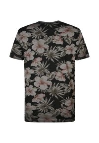 Camiseta negra de manga corta con un estampado floral que presenta grandes flores de color claro y hojas verdes, hecha de una tela ligera.