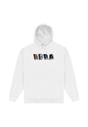 Hvid hættetrøje med fire stiliserede hjelm-designs mærket Armorer, Mando, Paz Vizsla og Bo Katan over brystet.