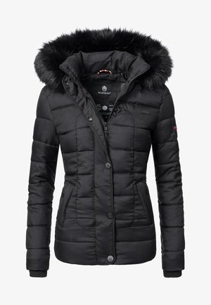 Czarna puchowa kurtka z kapturem wyścielanym sztucznym futrem, zapinana na zamek, z zapięciami na guziki i teksturowanym materiałem; posiada dwie boczne kieszenie.
