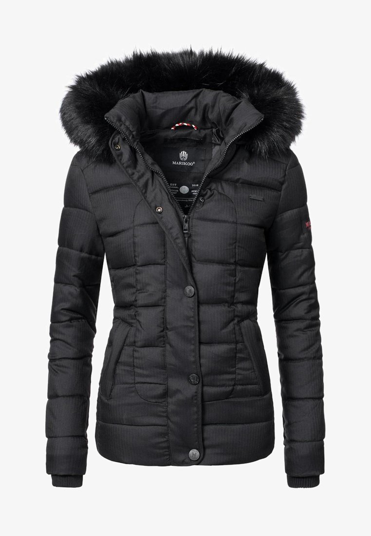 Black puffer jacket with a faux fur-lined hood, zip-up front, button closures, and textured fabric; features two side pockets.