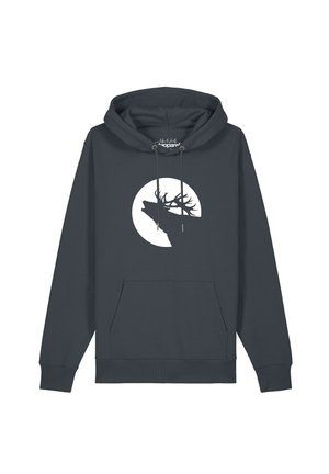 Sweat à capuche gris foncé avec poche avant et cordons, avec un cercle blanc et une silhouette noire d'un cerf hurlant avec de grands bois.