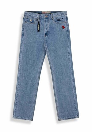 Lichtblauwe denim jeans met een losse pasvorm, voorzien van een rozenborduursel aan de voorkant en een zwart label met een schedelicoon.