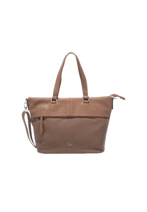 Borsa a spalla in pelle marrone con doppi manici e tracolla removibile, con chiusura superiore a zip e tasca esterna, finitura texturizzata.