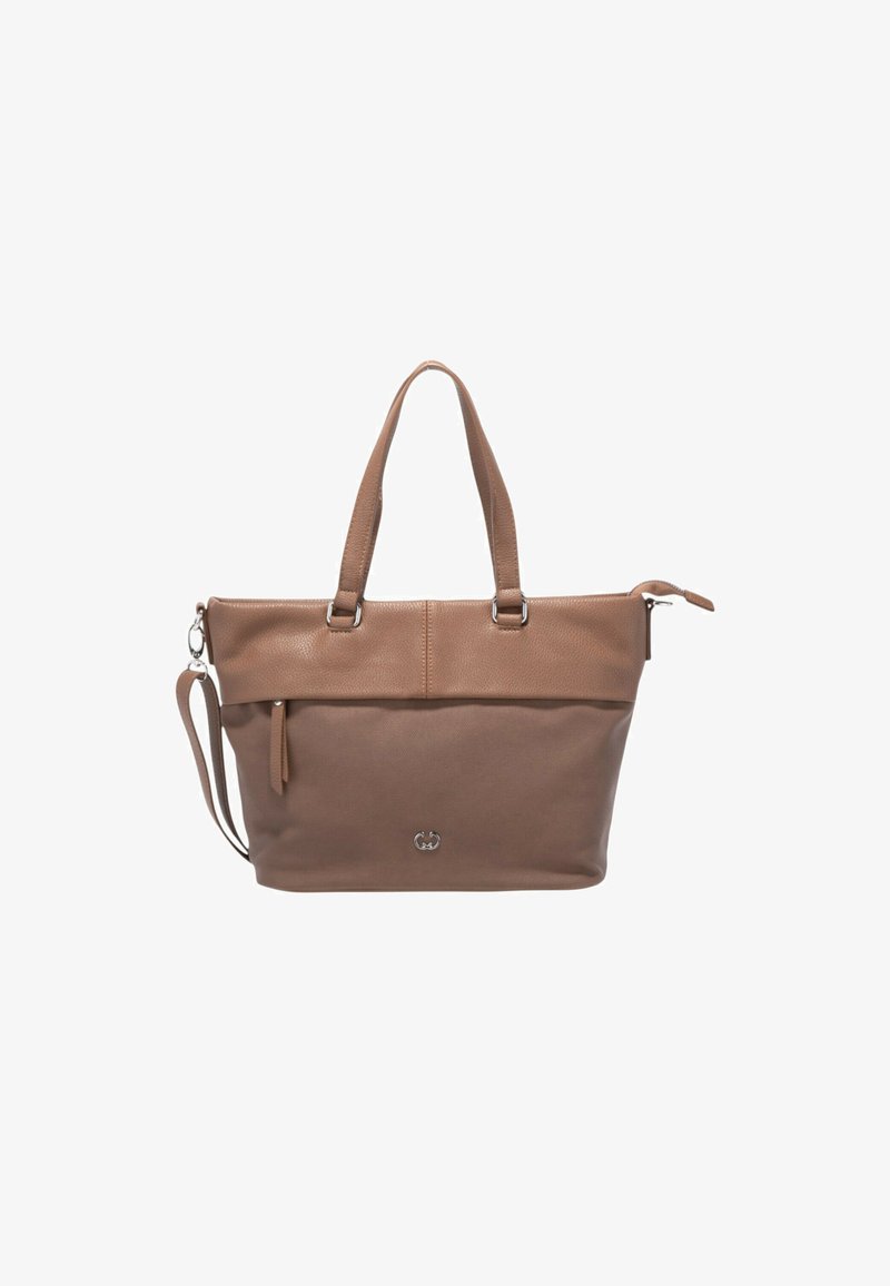 Borsa a spalla in pelle marrone con doppi manici e tracolla removibile, con chiusura superiore a zip e tasca esterna, finitura texturizzata.