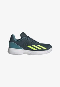 Chaussure de sport pour homme avec un dessus en maille vert foncé, des accents jaunes fluorescents, une semelle en caoutchouc grise et un col rembourré pour plus de confort.