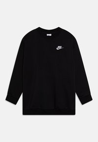 Svart Nike hettegenser med lange ermer, ribbestrikket rund hals og teksturert stoff. Har en hvit Nike-logo på brystet.