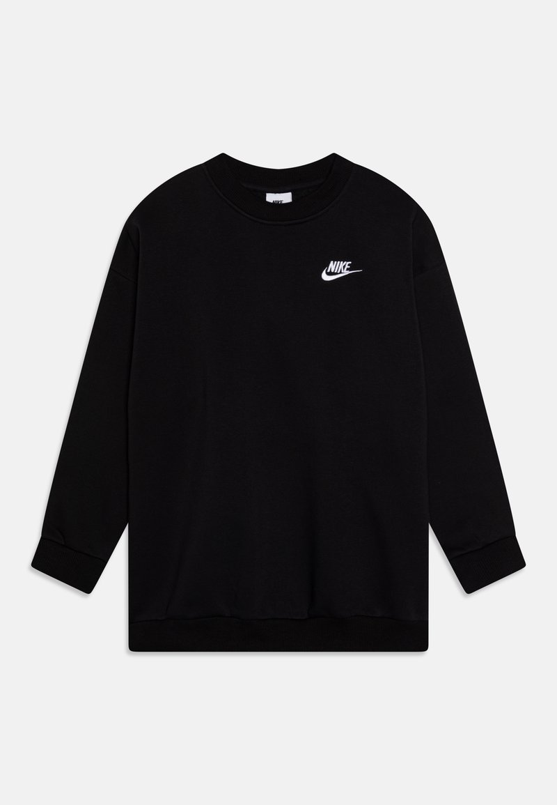 Svart Nike hettegenser med lange ermer, ribbestrikket rund hals og teksturert stoff. Har en hvit Nike-logo på brystet.