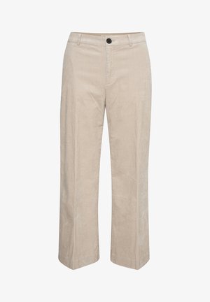 Pantaloni in corduroy beige con gamba dritta, dotati di chiusura frontale con bottone e sottile trama a righe verticali.