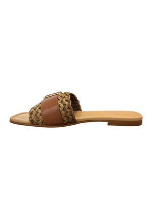 Bruine instappers met een geweven jute bovenwerk en een gladde leren band. Platte zool met minimale rubberen profiel, wat een casual ontwerp benadrukt.