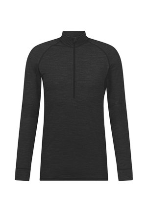 Zwarte lange mouwen pullover van textuurstof met een hoge kraag en een korte rits bij de hals, met raglanmouwen.