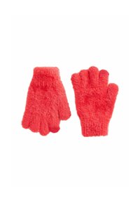 Gants sans doigts en tricot de couleur rouge vif, dotés d'une texture douce et duveteuse ainsi que de poignets côtelés. Idéaux pour la chaleur et la dextérité.