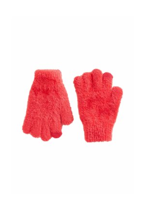 Gants sans doigts en tricot de couleur rouge vif, dotés d'une texture douce et duveteuse ainsi que de poignets côtelés. Idéaux pour la chaleur et la dextérité.