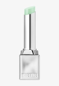 Sølvmetalisk læbestift tube med præget "TIRTIR" logo, der har en lys grøn skrå læbestift stift strakt ud.