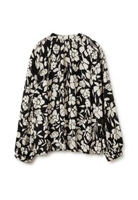 Langärmlige Bluse aus schwarzem Stoff mit weißem Blumenmuster, mit gerafftem Ausschnitt und elastischen Bündchen für eine lässige Passform.