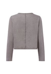 Przycięty, długi rękaw w jasnoszarym kolorze, wykonany z miękkiego materiału. Posiada okrągły dekolt oraz proste przeszycia wzdłuż szwów i dołu.